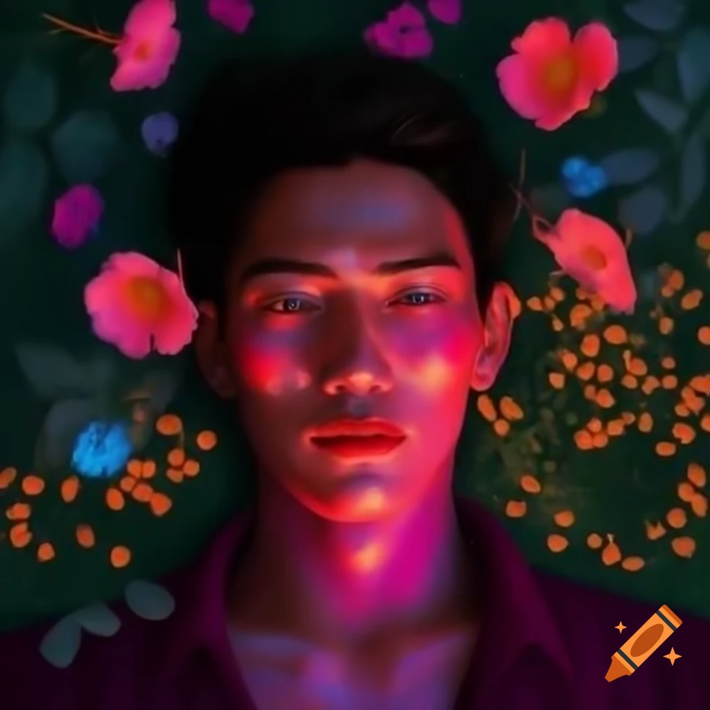 Realistic portrait of a man in botanical setting with dusk lighting and vibrant colors