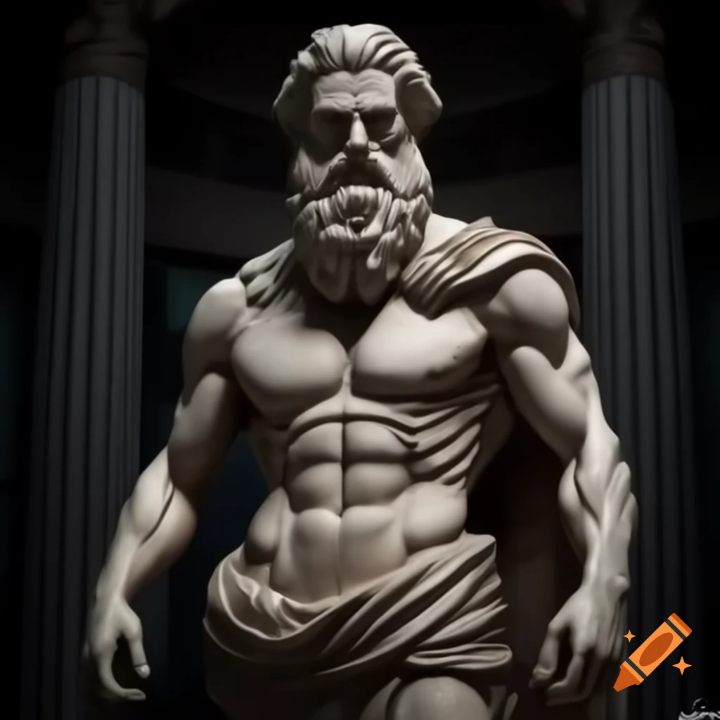 Full-body statue of a muscular bearded man in ancient Greek style