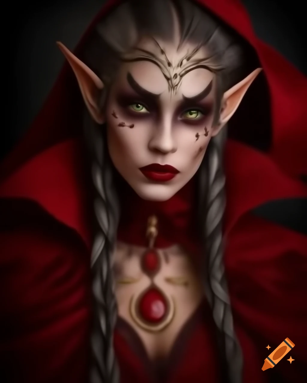 Elf-like figure in red costume with gold embellishments and flowing cape
