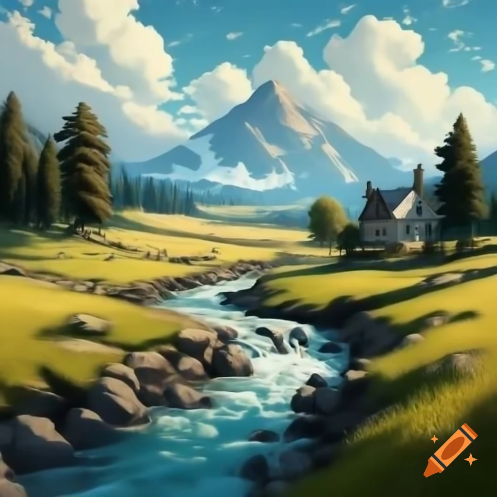 Idyllic landscape featuring flowing river, meadows, and cottage with path