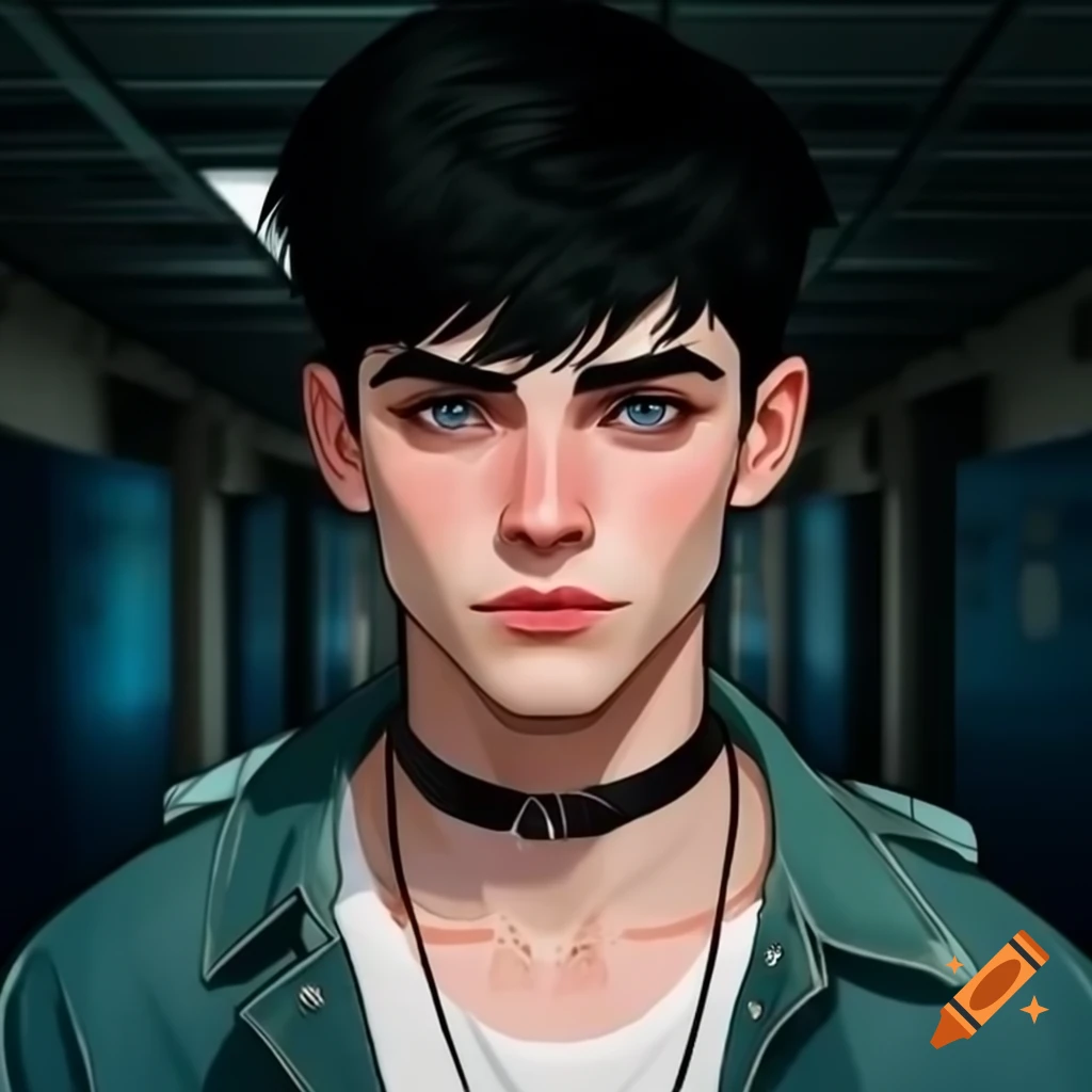 Young man with short black hair, blue eyes, and feminine features in a white shirt
