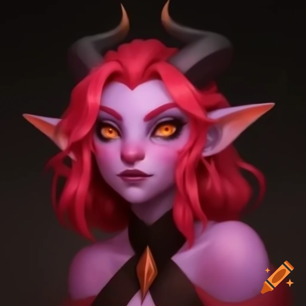 Pale pink-skinned tiefling rogue with red hair and curved horns, D&D character