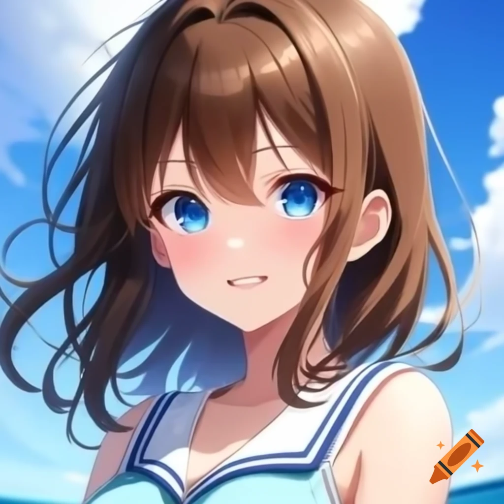22-year-old female character Yui Hinamoto with long brown hair and ocean blue eyes in a white and blue dress