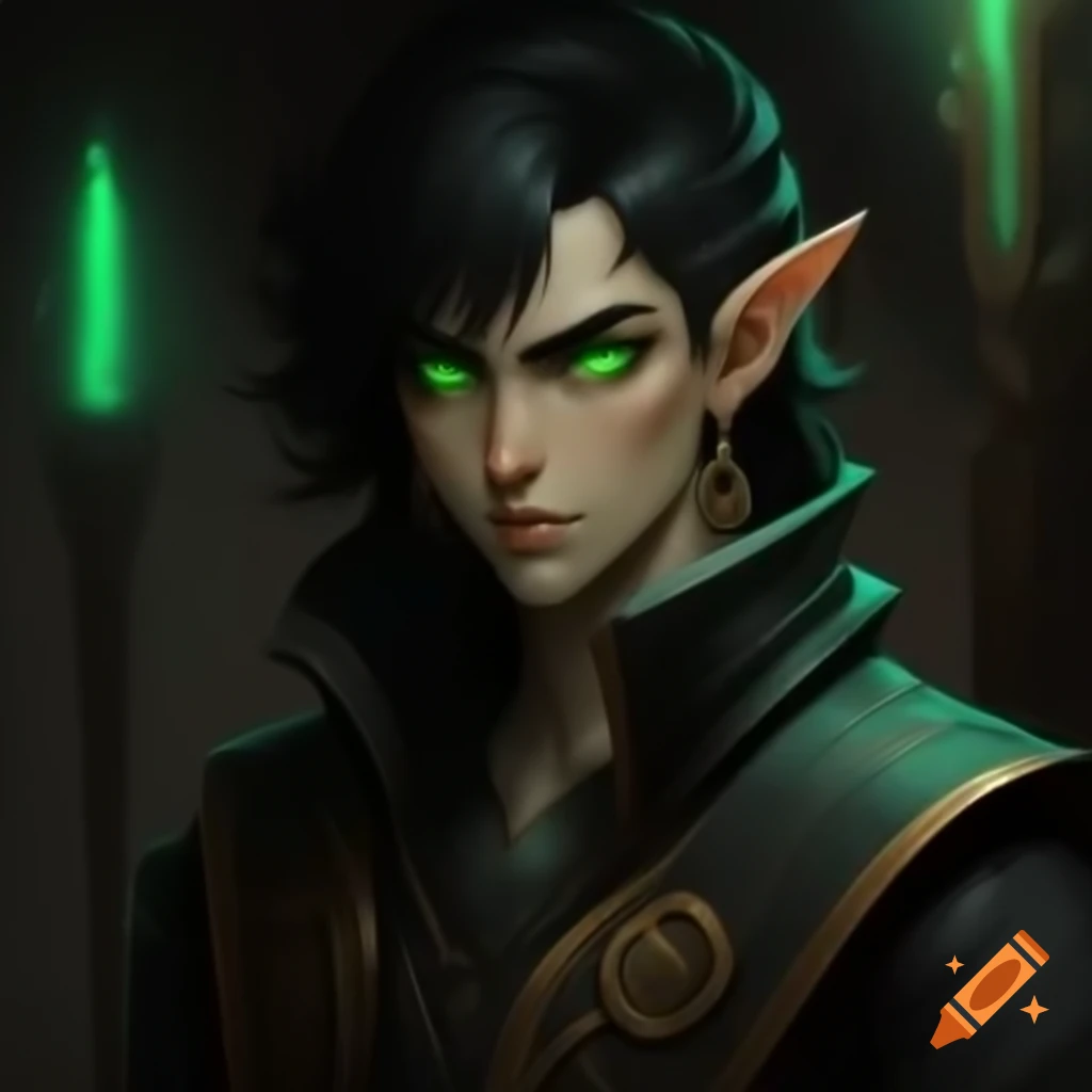 Young male fantasy mage casting spell, featuring black mystic coat and big green eyes
