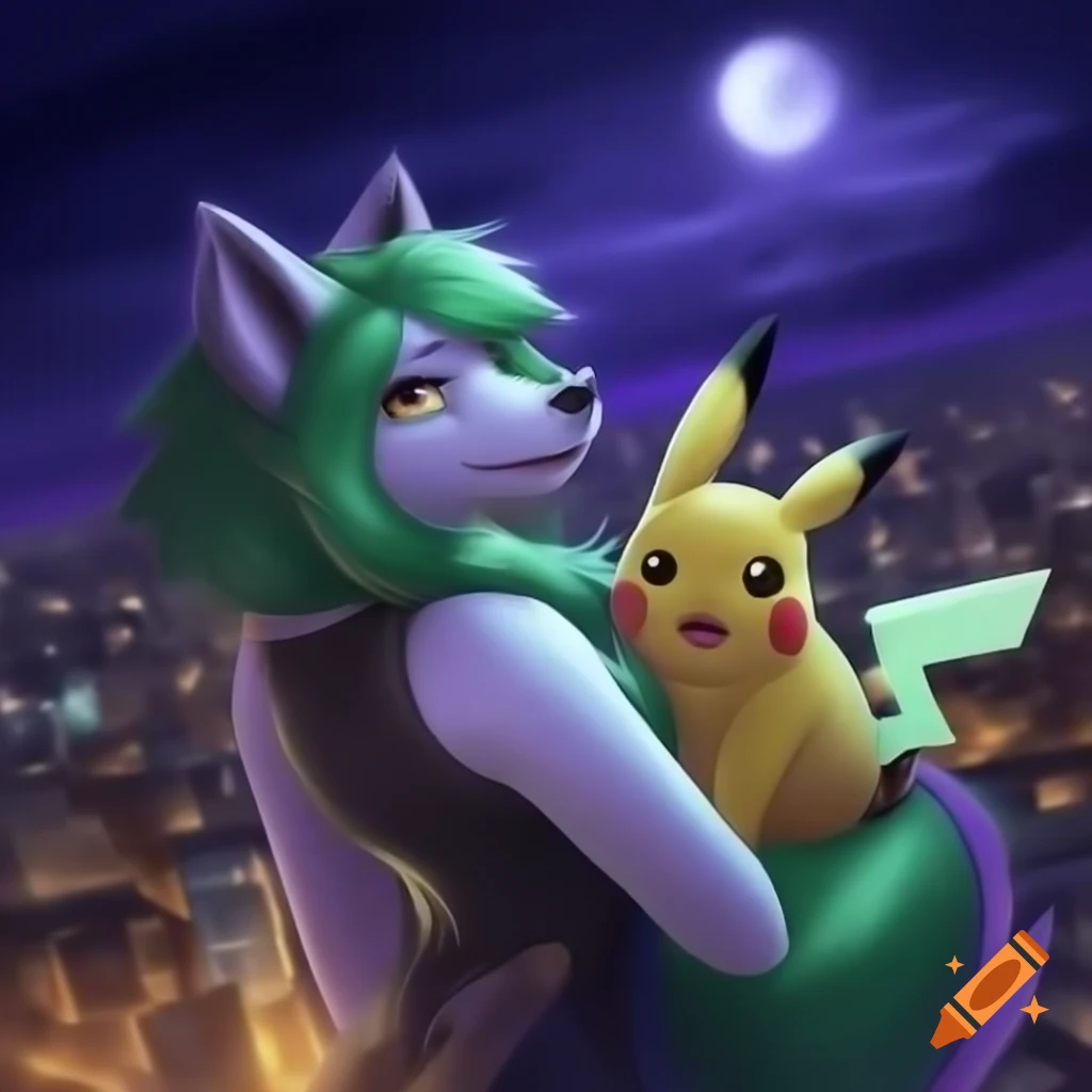 Anthropomorphic wolf with Pikachu overlooking cityscape under moonlight