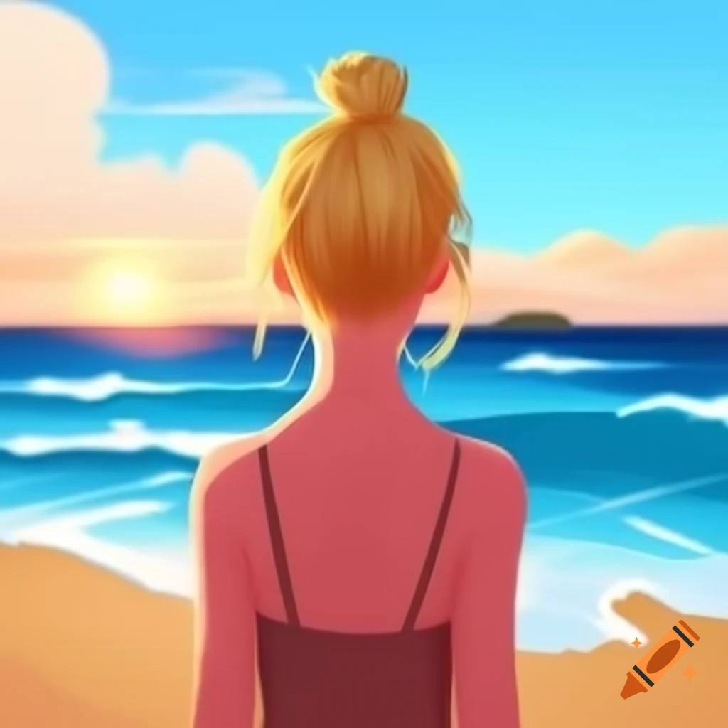 Woman with short blonde ponytail standing on beach at sunset