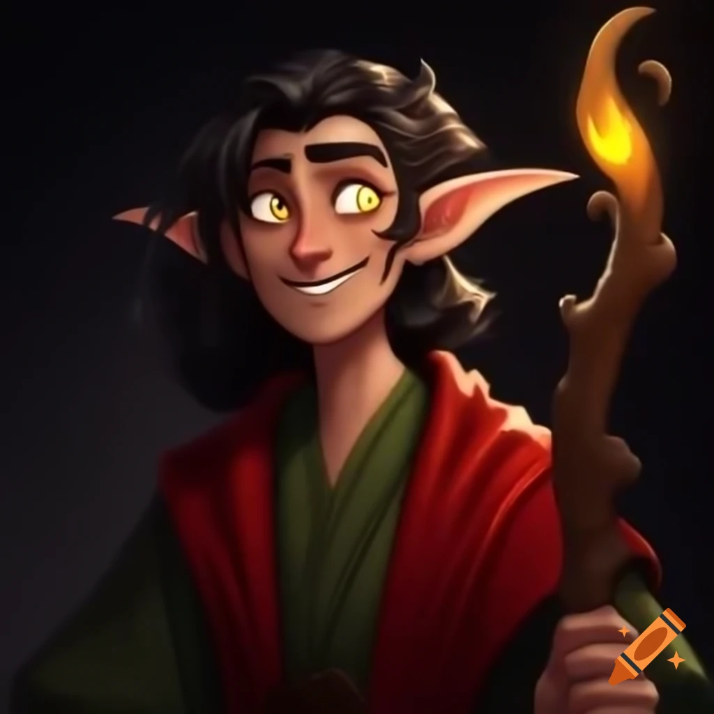 Semi-elf named Rómulo Brizaviva with golden skin and dark hair