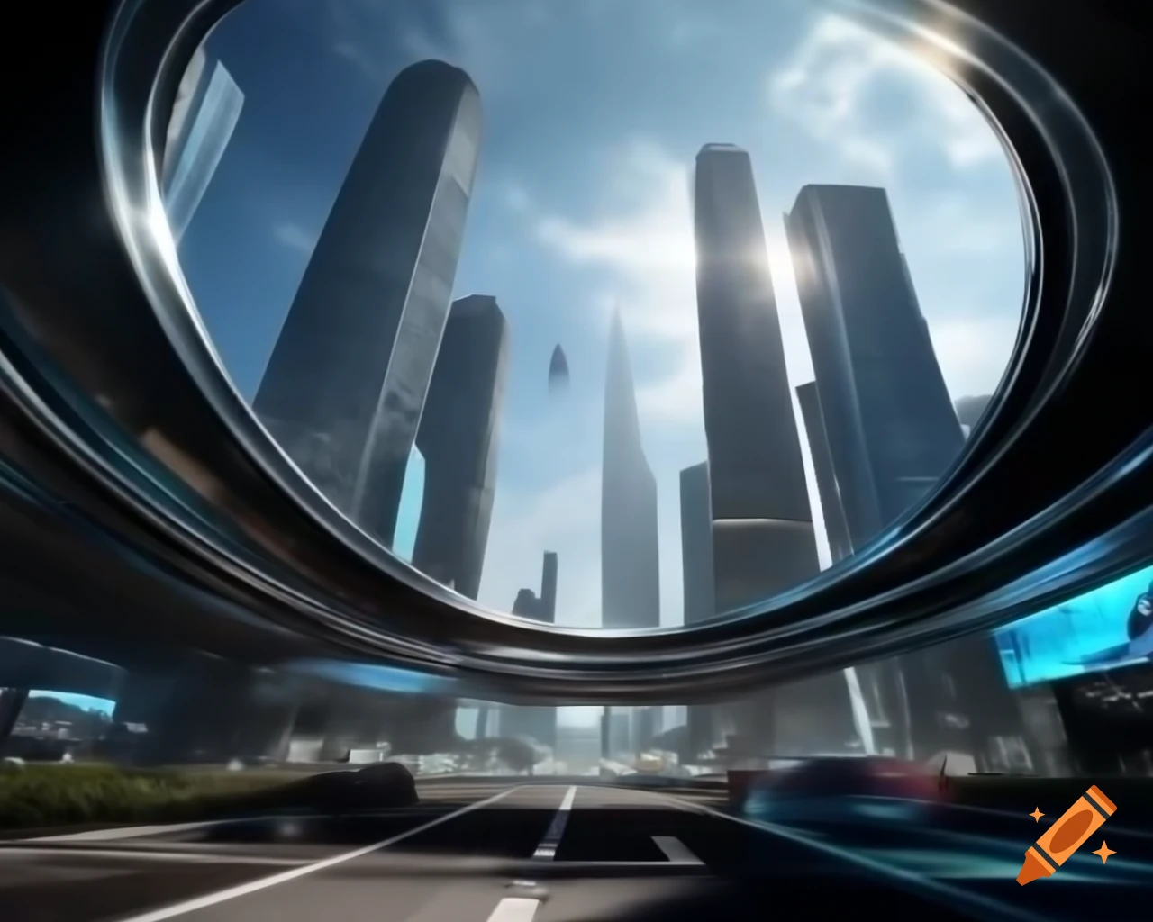 Futuristic cityscape with glass buildings, flying cars, and holographic ads
