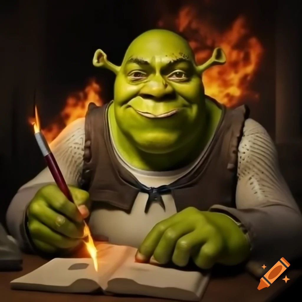 Shrek writing with a burning pen creating fiery lines on the page