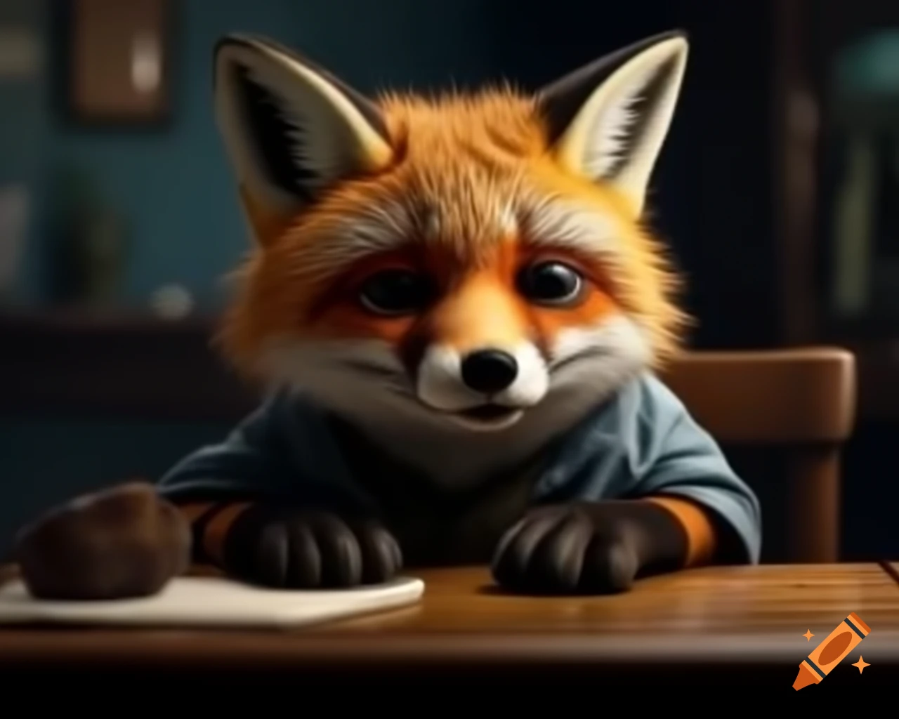 Sad furry fox sitting at a table