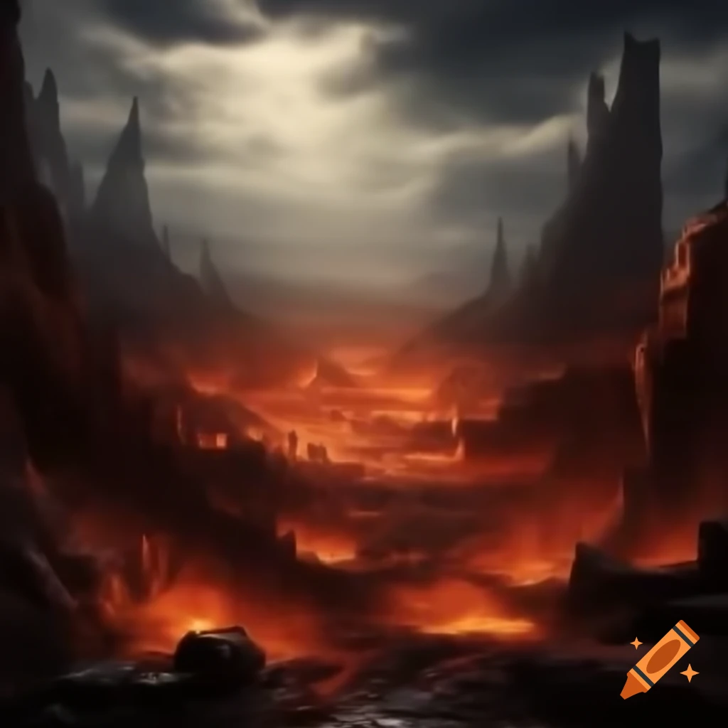 Hellish landscape with ruins and flames