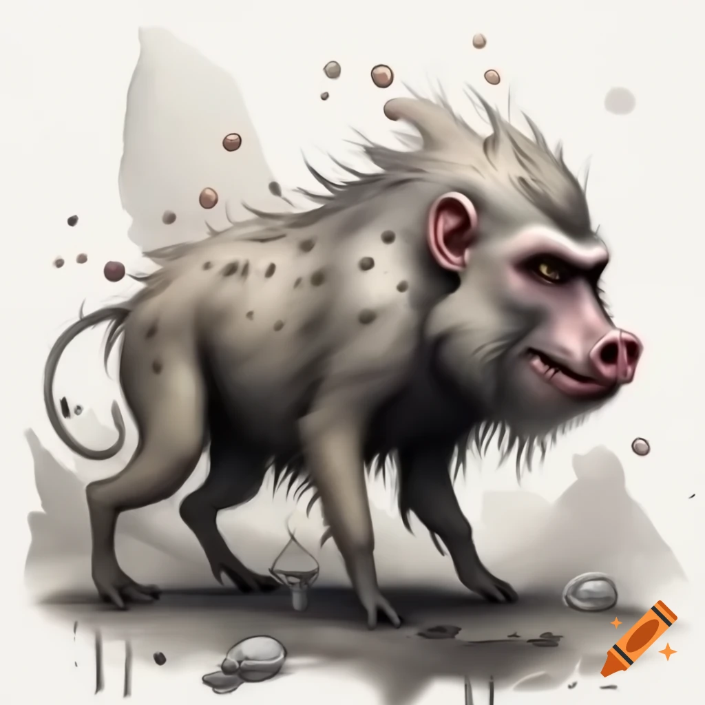 Absurd baboon-pig fantasy monster in energetic line drawing and watercolor