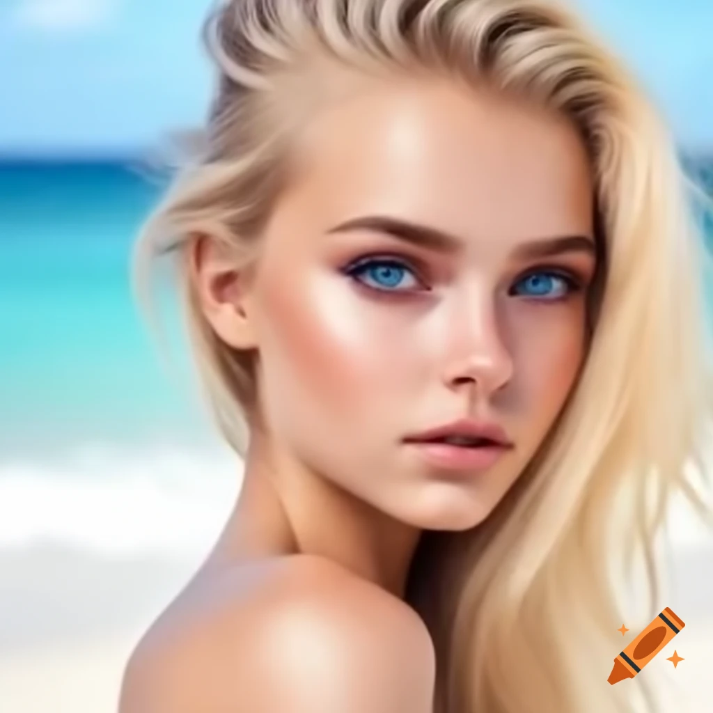 Young blonde woman with blue eyes on beach