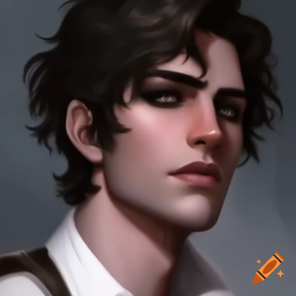 Portrait of a 22-year-old man with black eyes, brown wavy hair, wearing a white shirt under chainmail