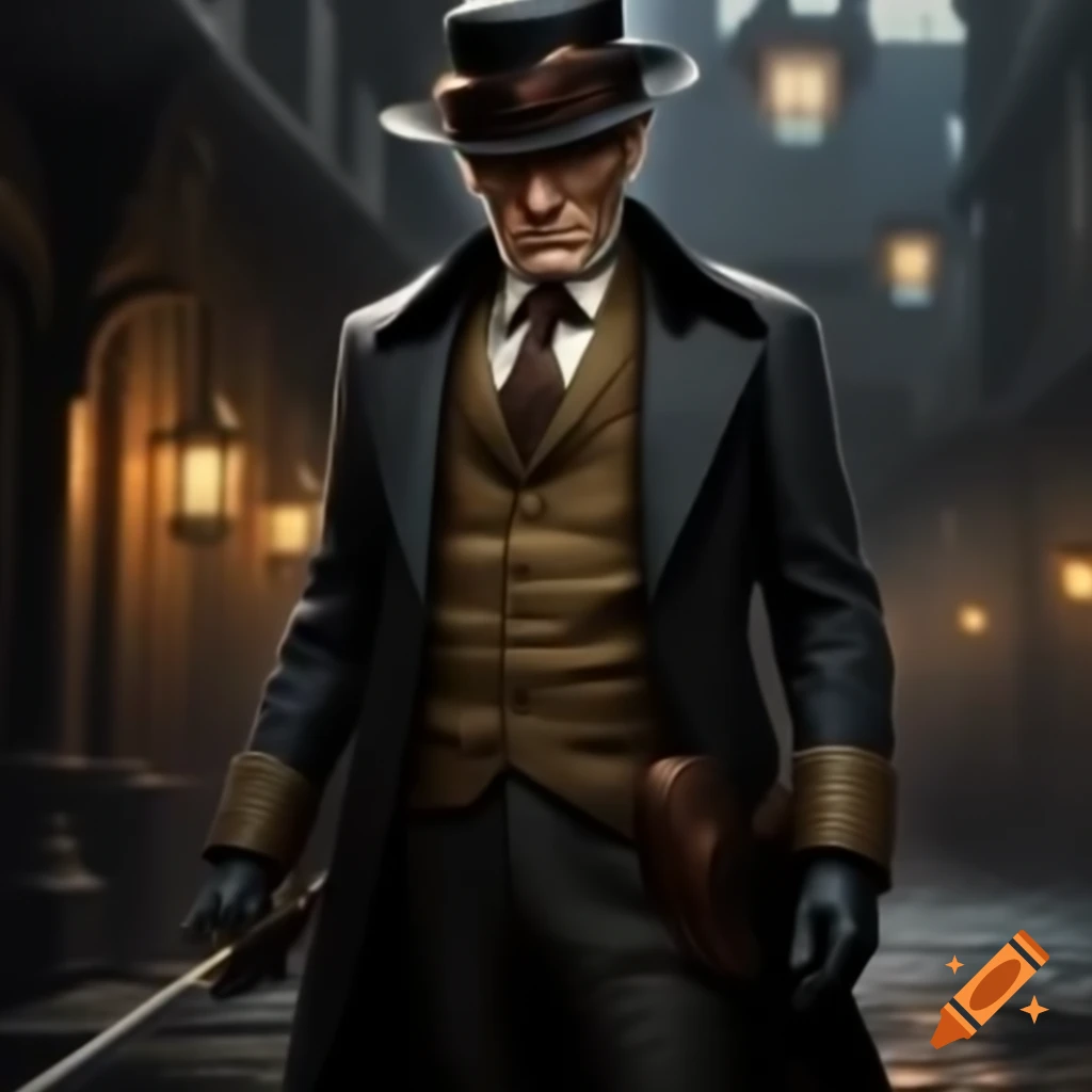 Refined English gentleman in old-fashioned suit and bowler hat in fantasy world