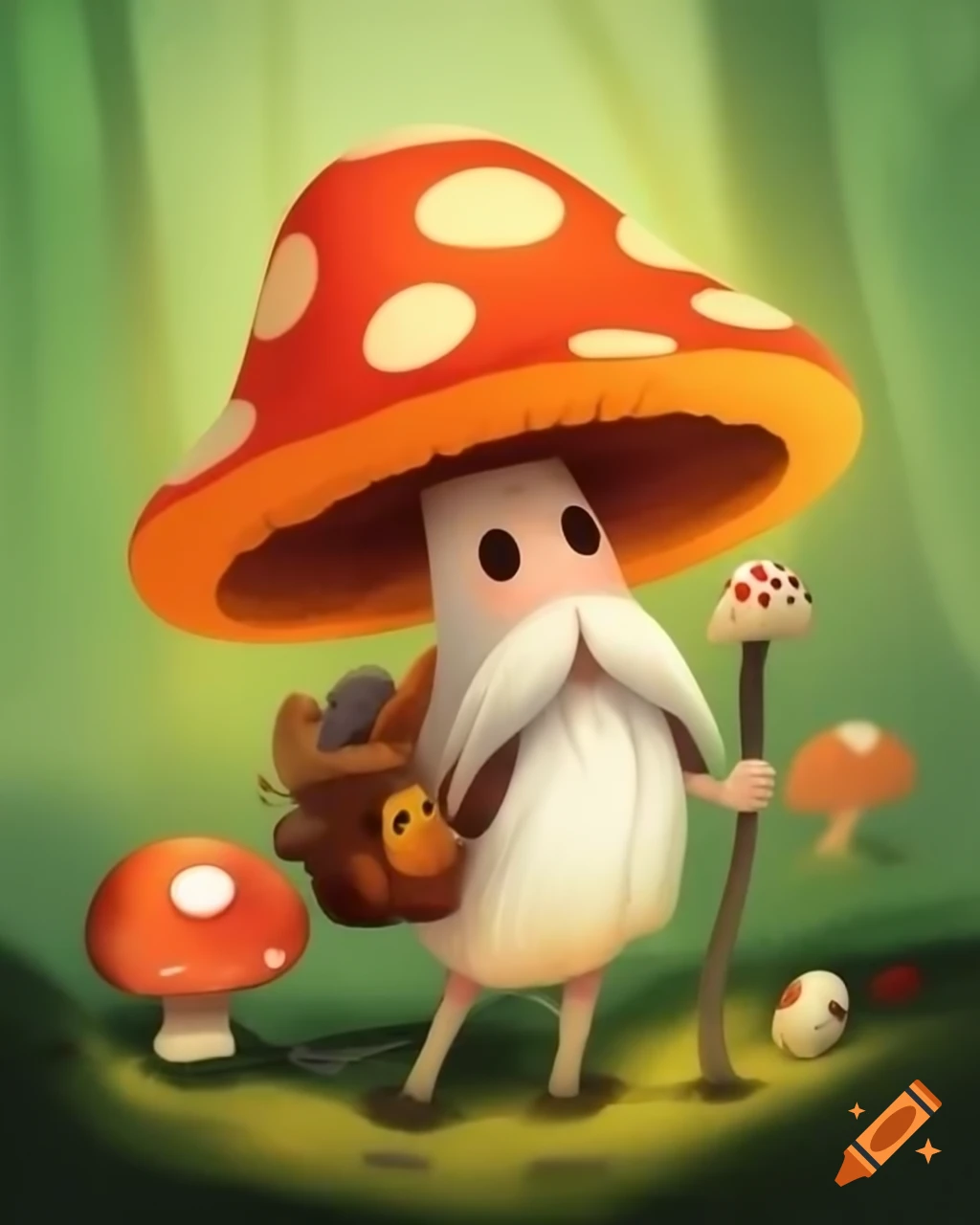 Whimsical trio of friendly fungi including a grandfather toadstool and a cheerful mushroom