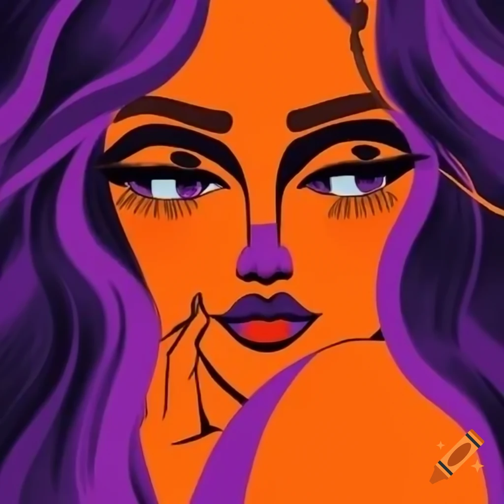 Hippie girl with purple hair and orange accents, positive words surrounding her
