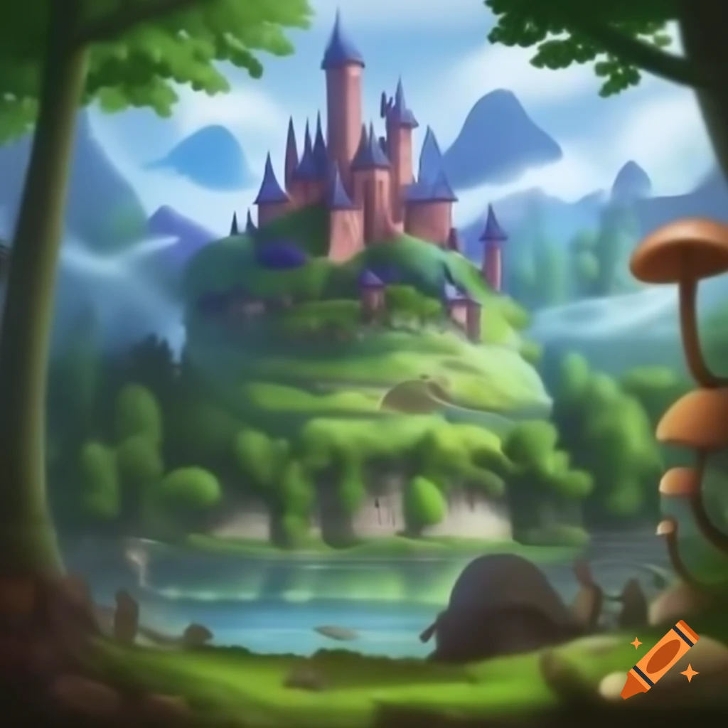 Fantasy castle in forest surrounded by lakes and mushrooms