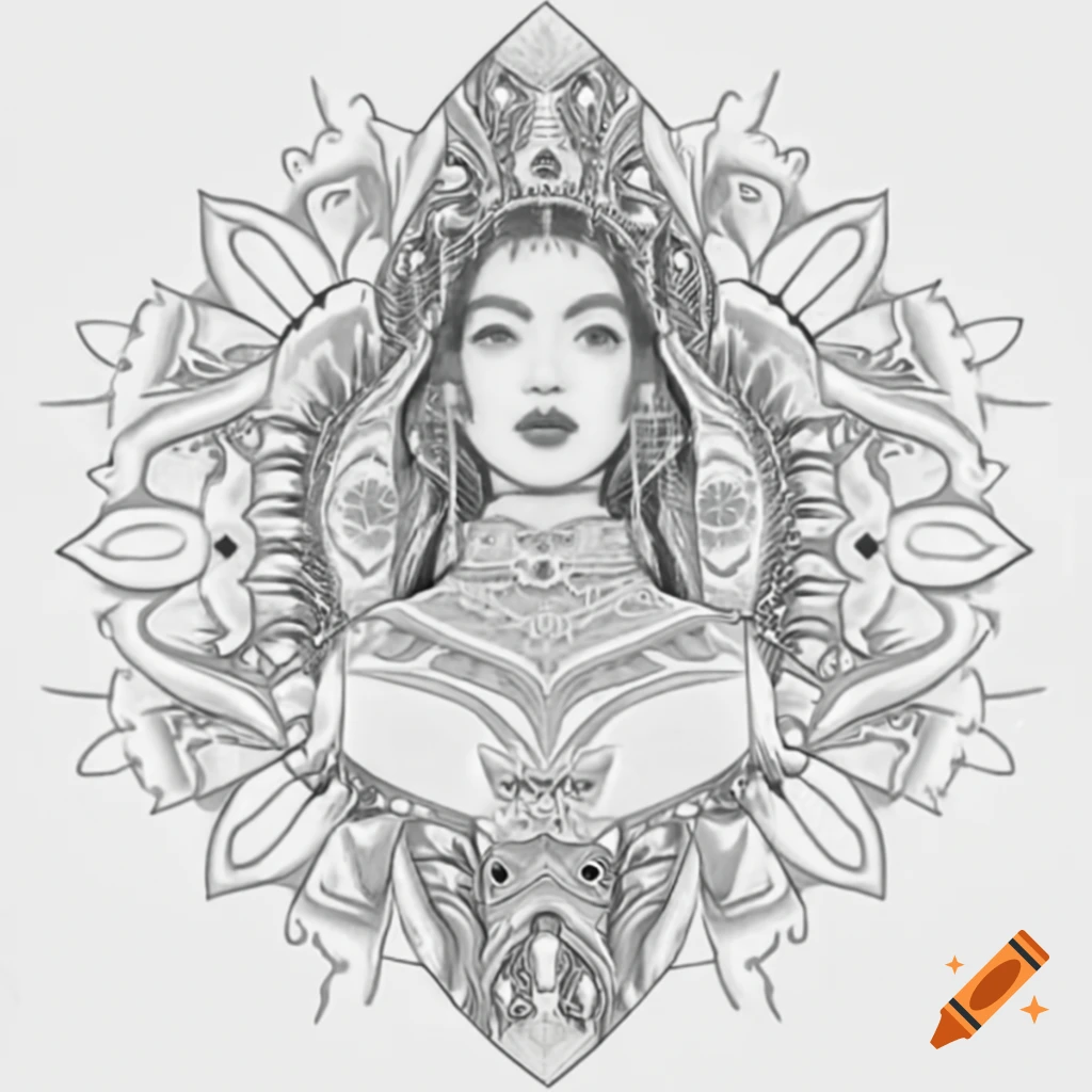Strong and powerful woman holding a flowing weapon with mandalas