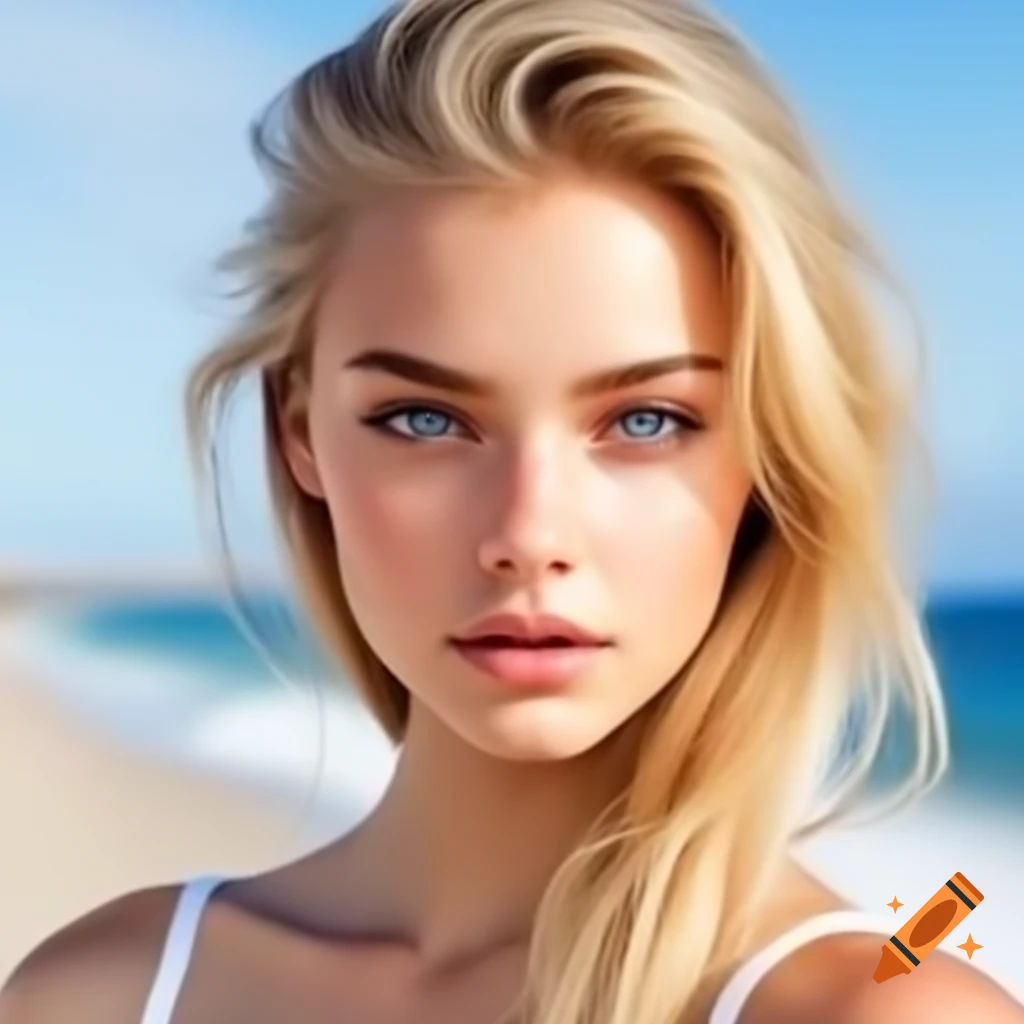 Young blonde woman with blue eyes on beach