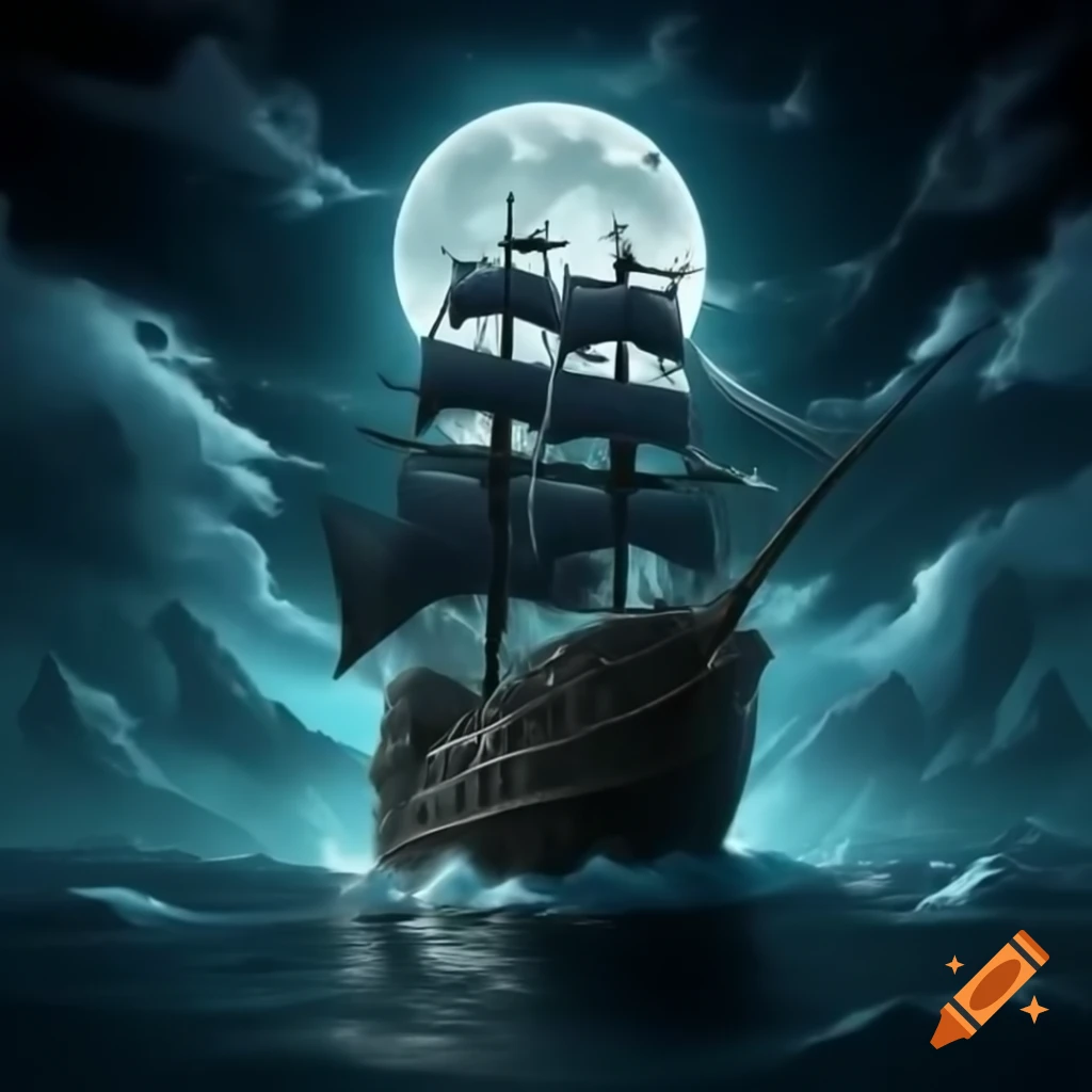 Pirate ship navigating through unforgiving waves under full moon