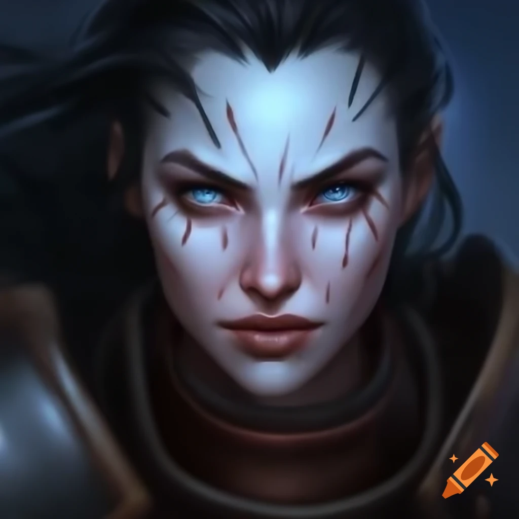 Woman with black hair and blue eyes in warpaint and rusty armor on Craiyon