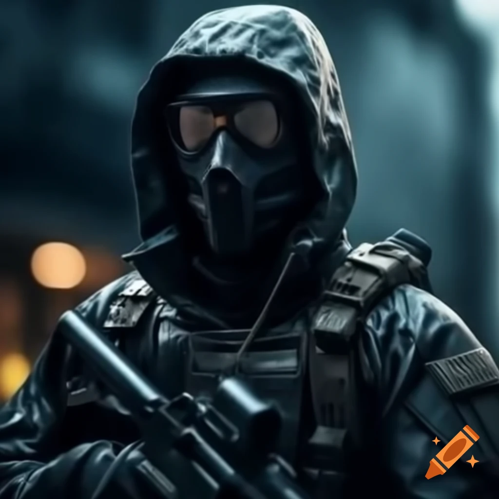 Special ops member in tactical black mask in the rain