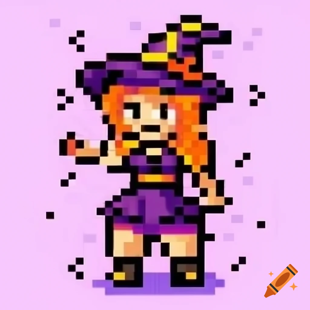 Pixel art representation of a Halloween-themed woman