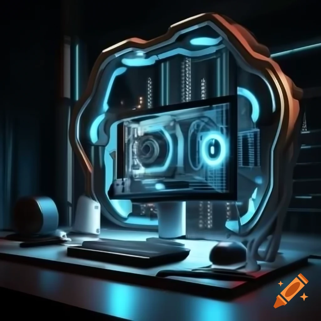 Futuristic high-performance computer setup with curved UHD monitor and ...