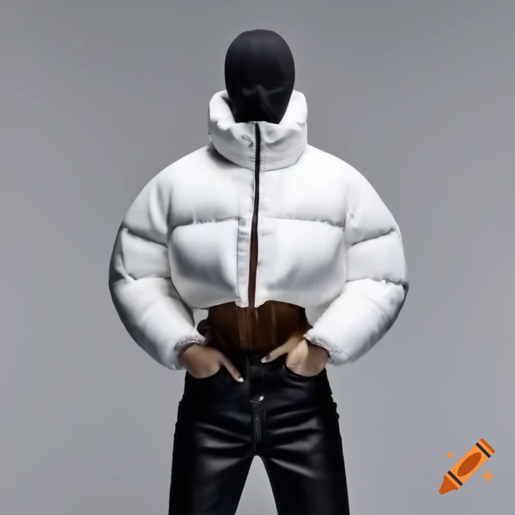 Masked mannequin in white puffer jacket and black skinny jeans