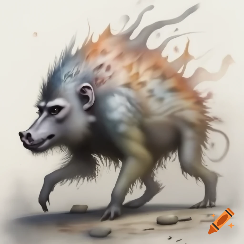 Absurd baboon-pig fantasy monster in energetic line drawing and watercolor
