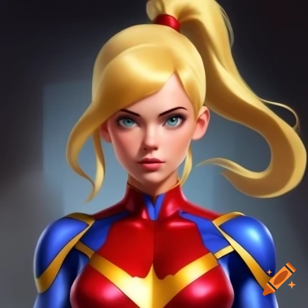 Slim blonde-haired anime girl as superheroine in super-suit, anime art style