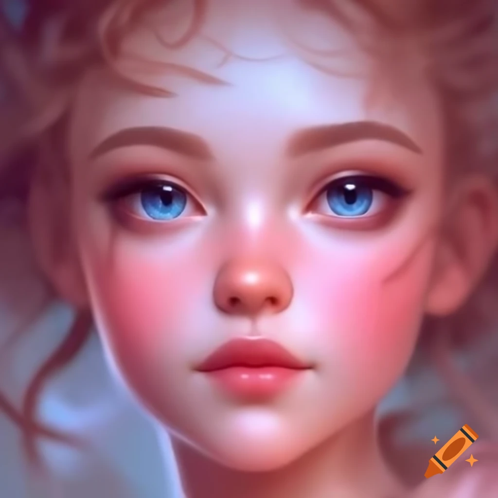 Digitally rendered portrait of a young woman with blue eyes and soft pink hues