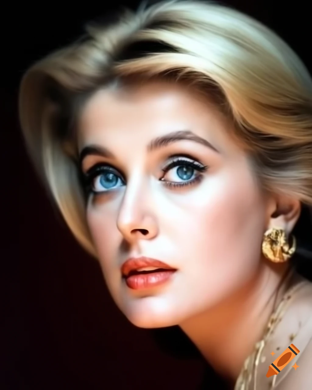 Hyper-realistic portrait of beautiful European actress from 1963 with blue eyes and wavy blonde hair