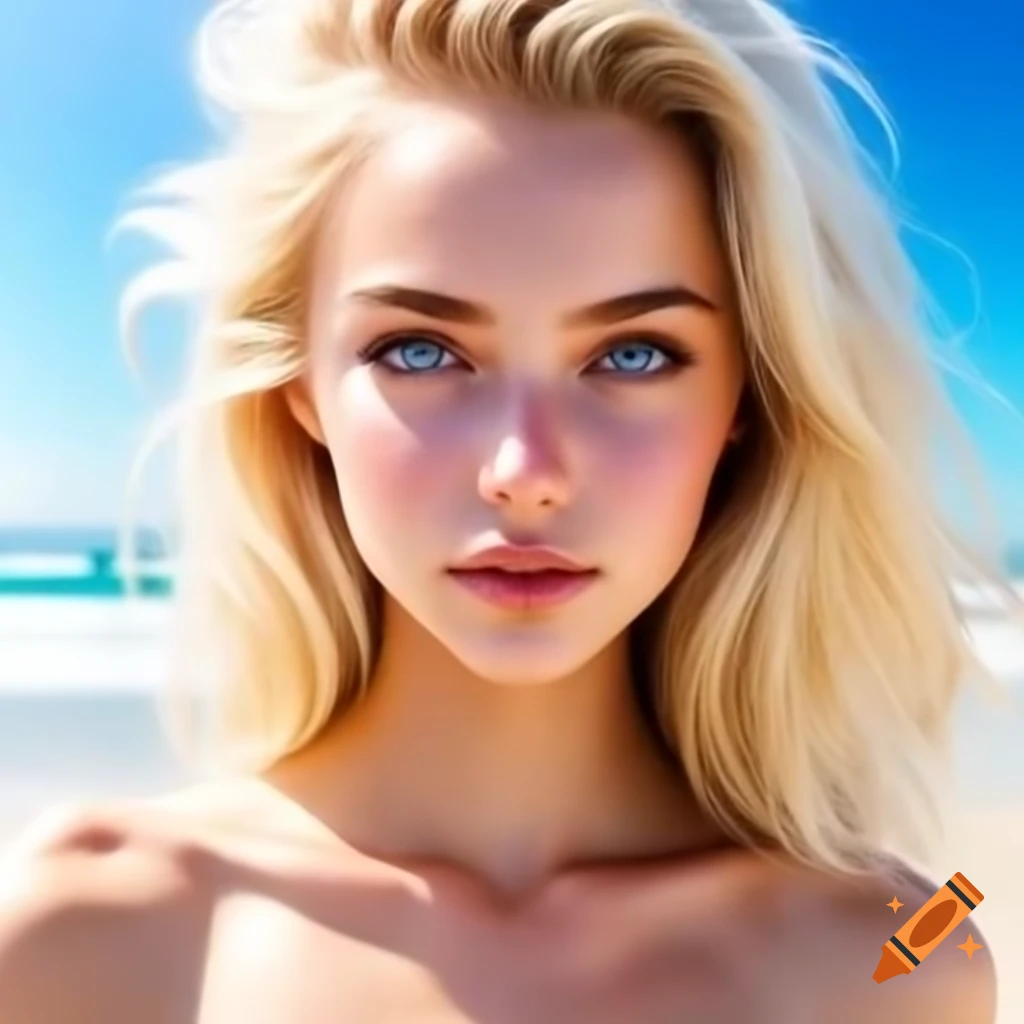 Young blonde woman with blue eyes on beach