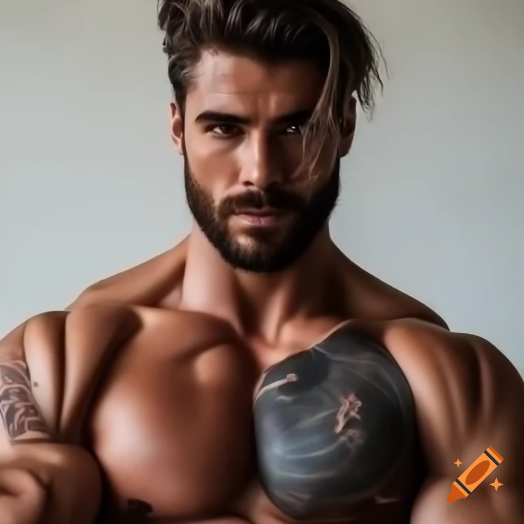 Athletic male figure description with muscular physique and short dark brown hair