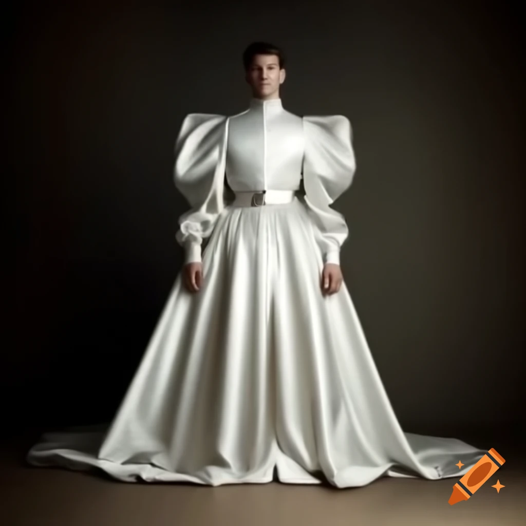 Handsome young man in elegant white satin gown with lace trim