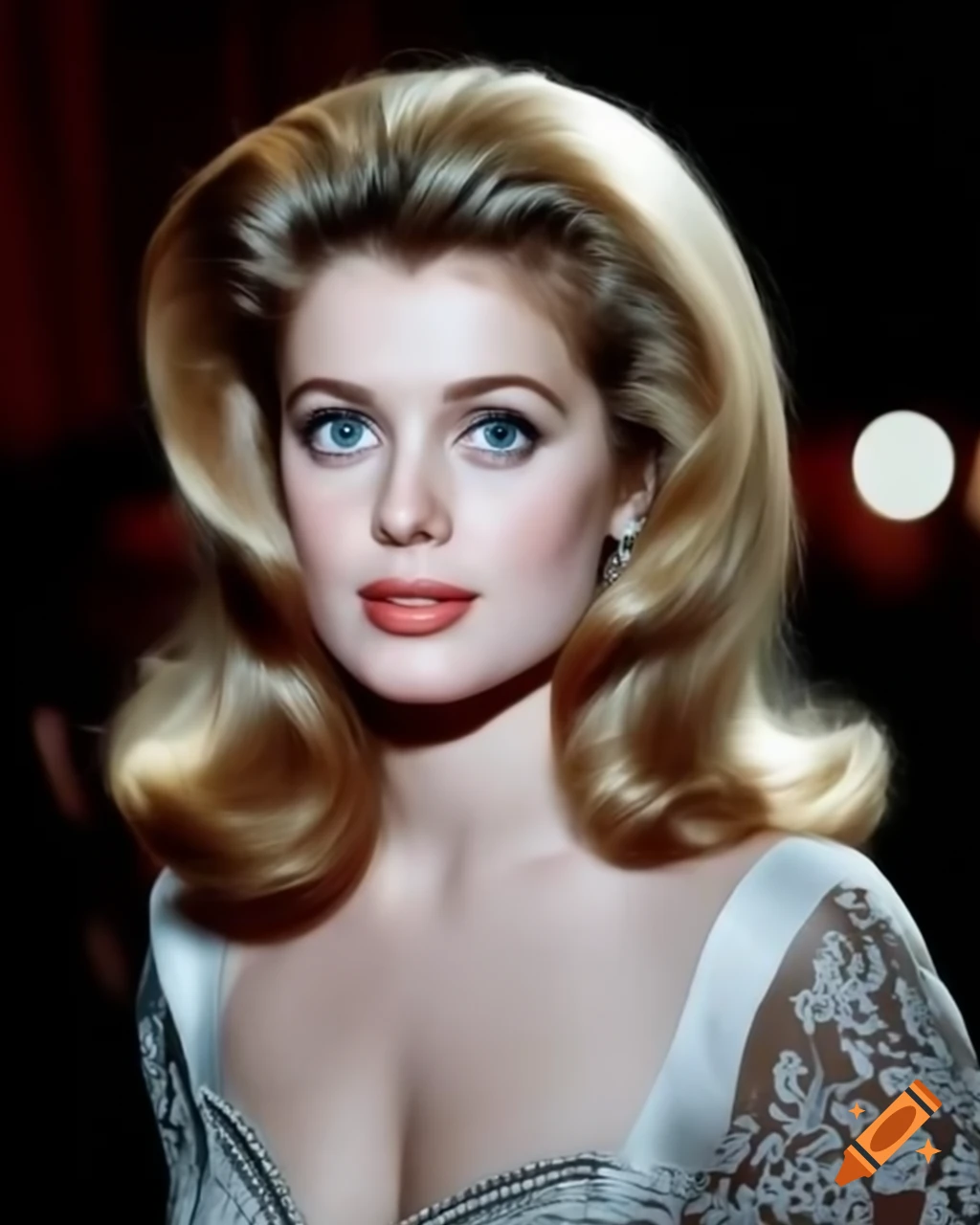 Hyper-realistic portrait of a beautiful European actress from 1963 with blue eyes and golden wavy hair