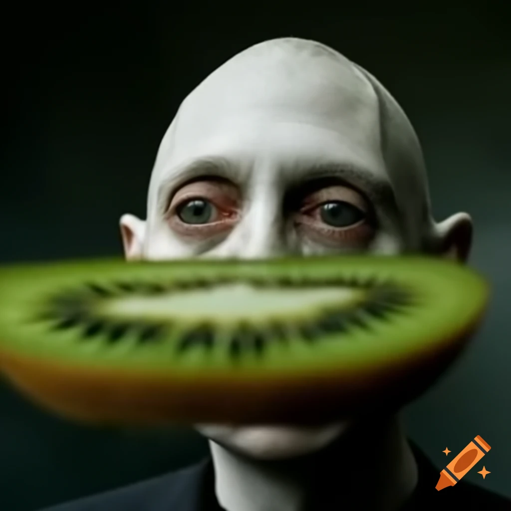 Humorous scene of a character sticking a fruit up nose on Craiyon