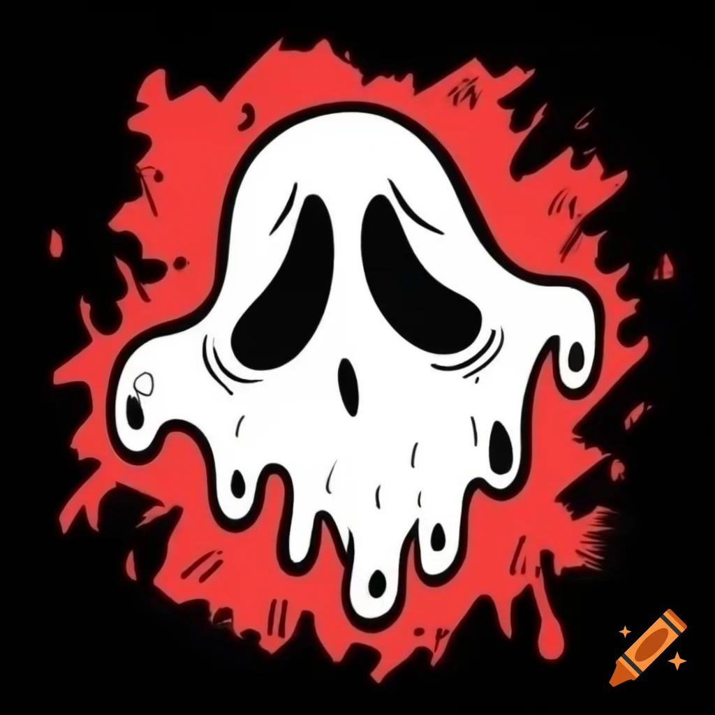 Halloween ghost face illustration with scary smile and sad eyes in spray paint