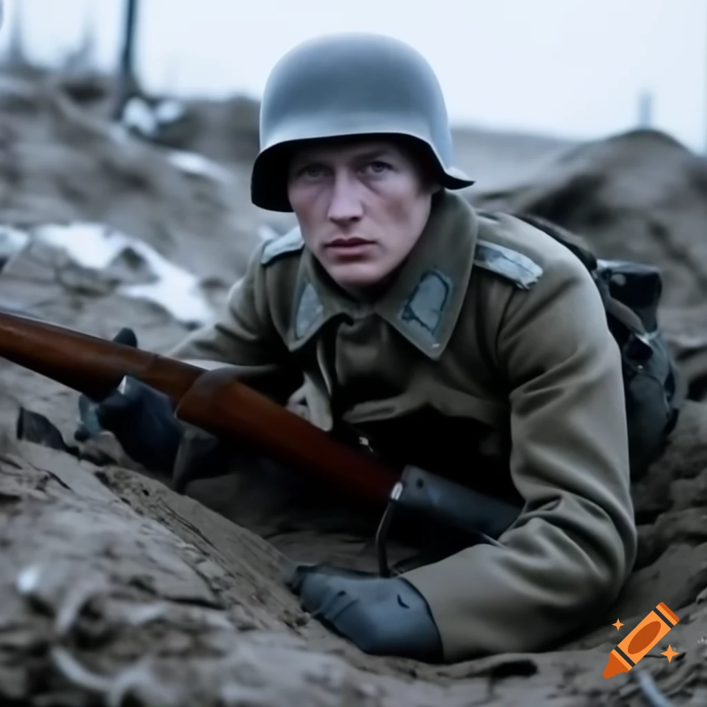 World War II soldier in snowy trench