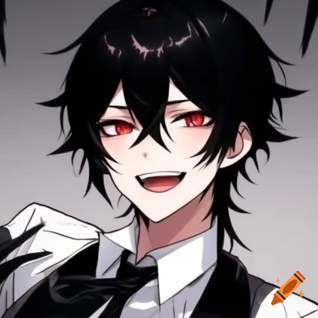 Charismatic anime character with black hair and red eyes in tuxedo