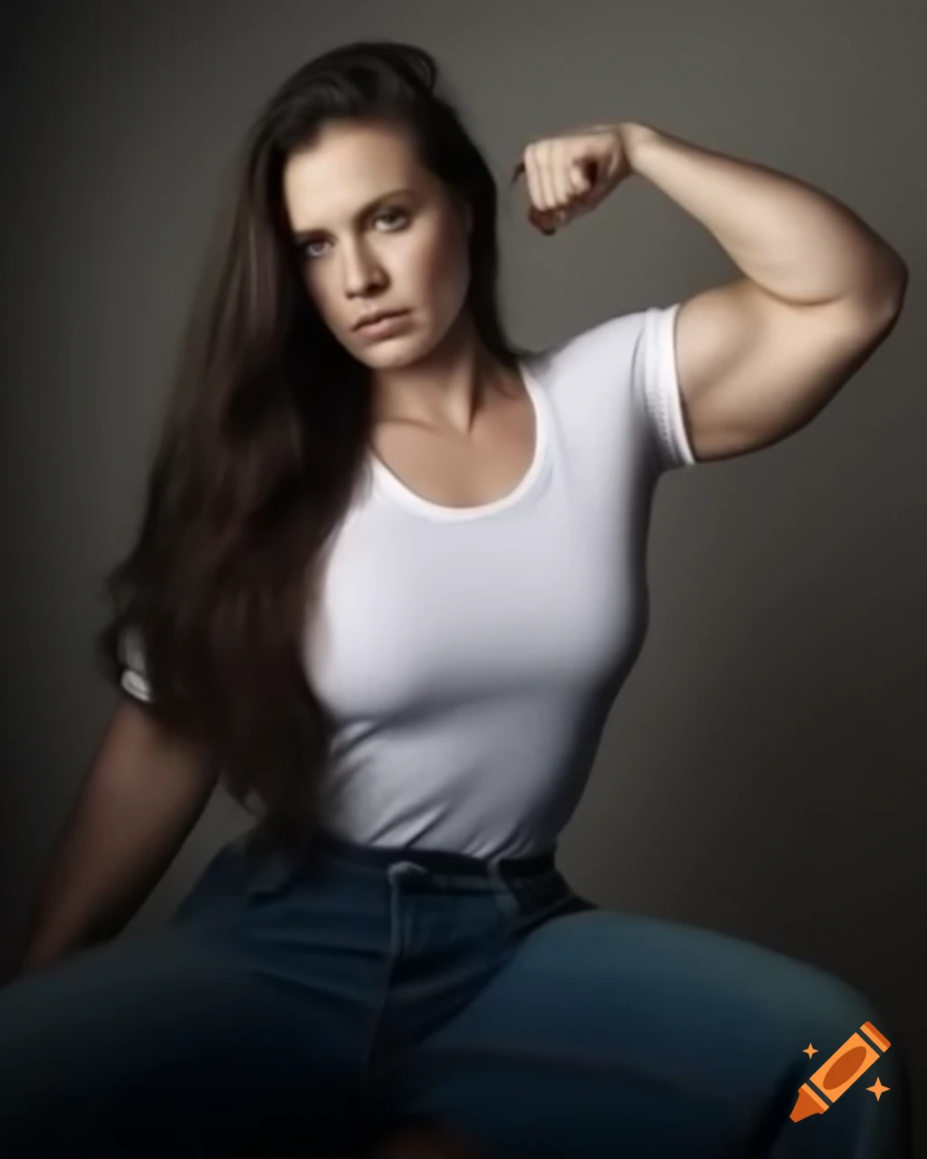 Blond caucasian woman flexing biceps in tight t-shirt, muscular build