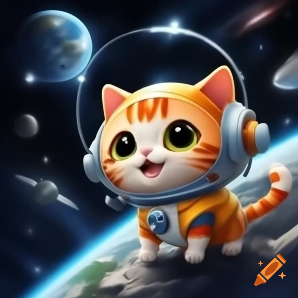 Orange and white tabby cat in astronaut costume floating in space with earth and galaxy background