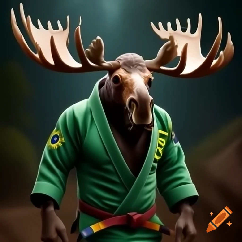 Moose in Brazilian jiu jitsu gi posing on two legs