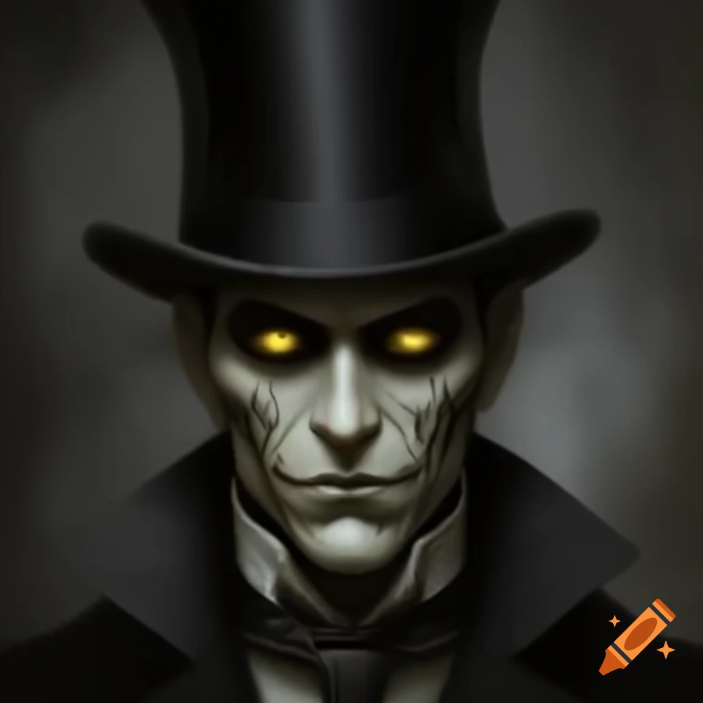 Shadowy man in top hat with glowing yellow eyes on grey textured background
