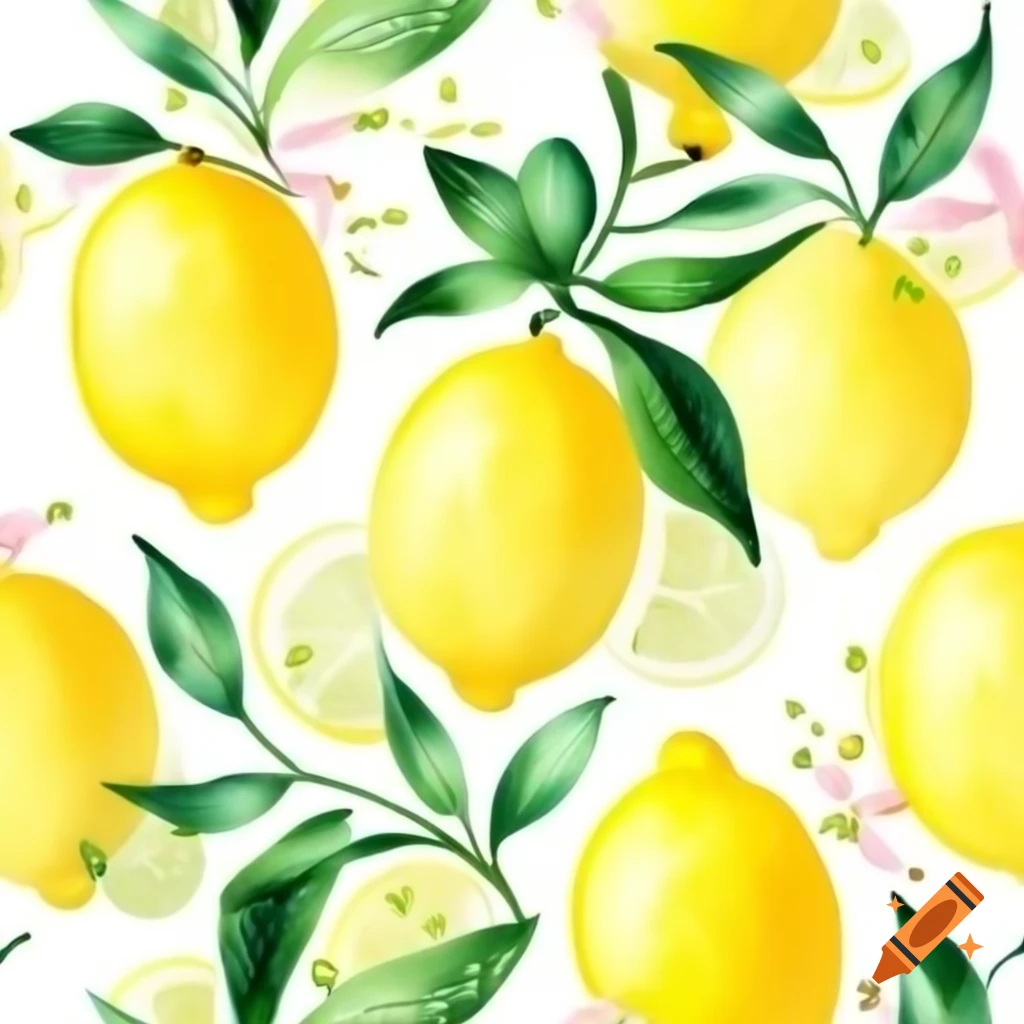 Watercolor lemons with leaves and pink bow on white background