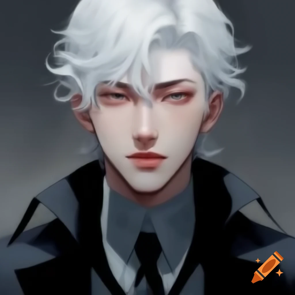 Attractive young man in expensive suit with white hair, manga style