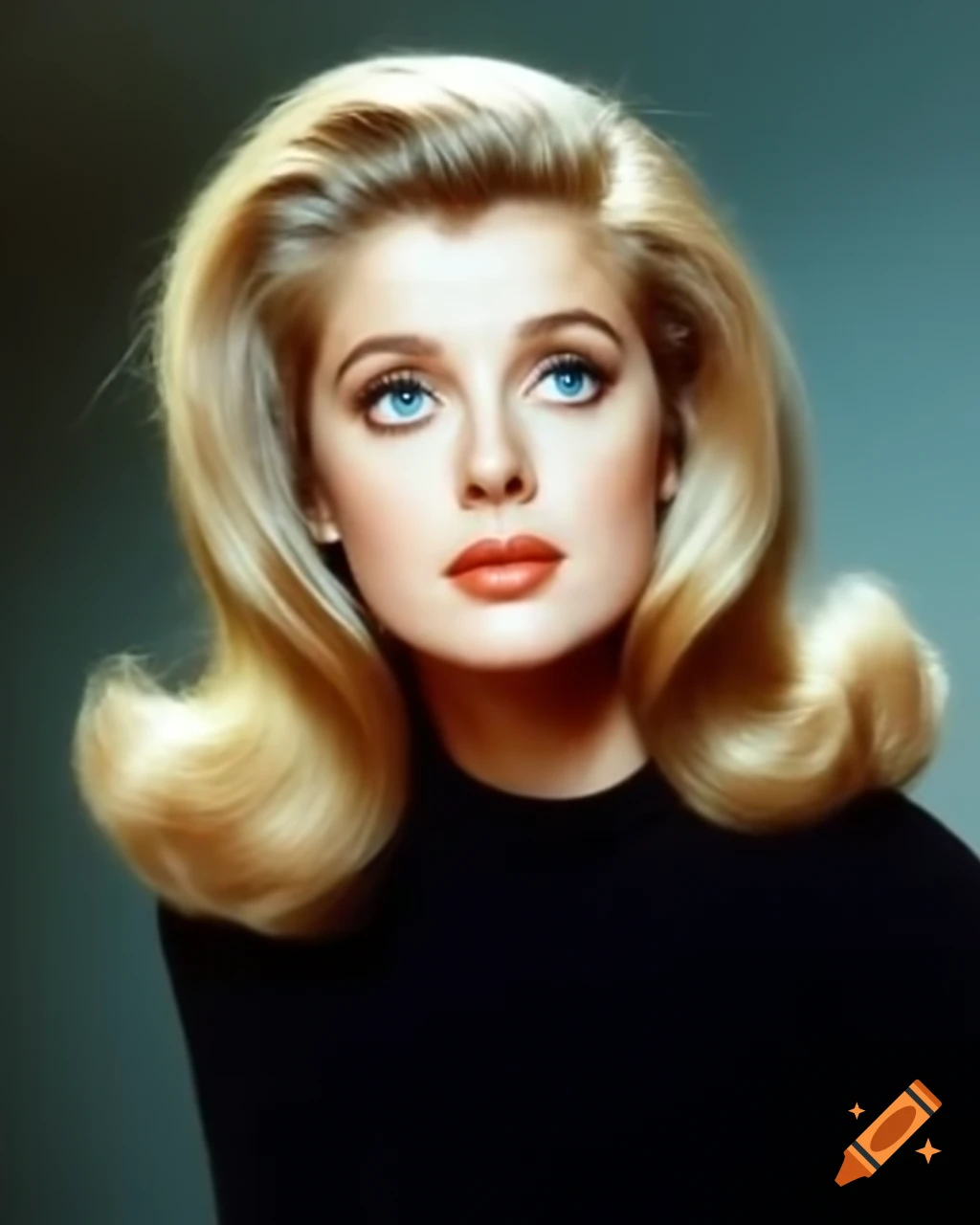 Hyper-realistic portrait of beautiful European actress from 1963 with striking blue eyes and golden wavy hair