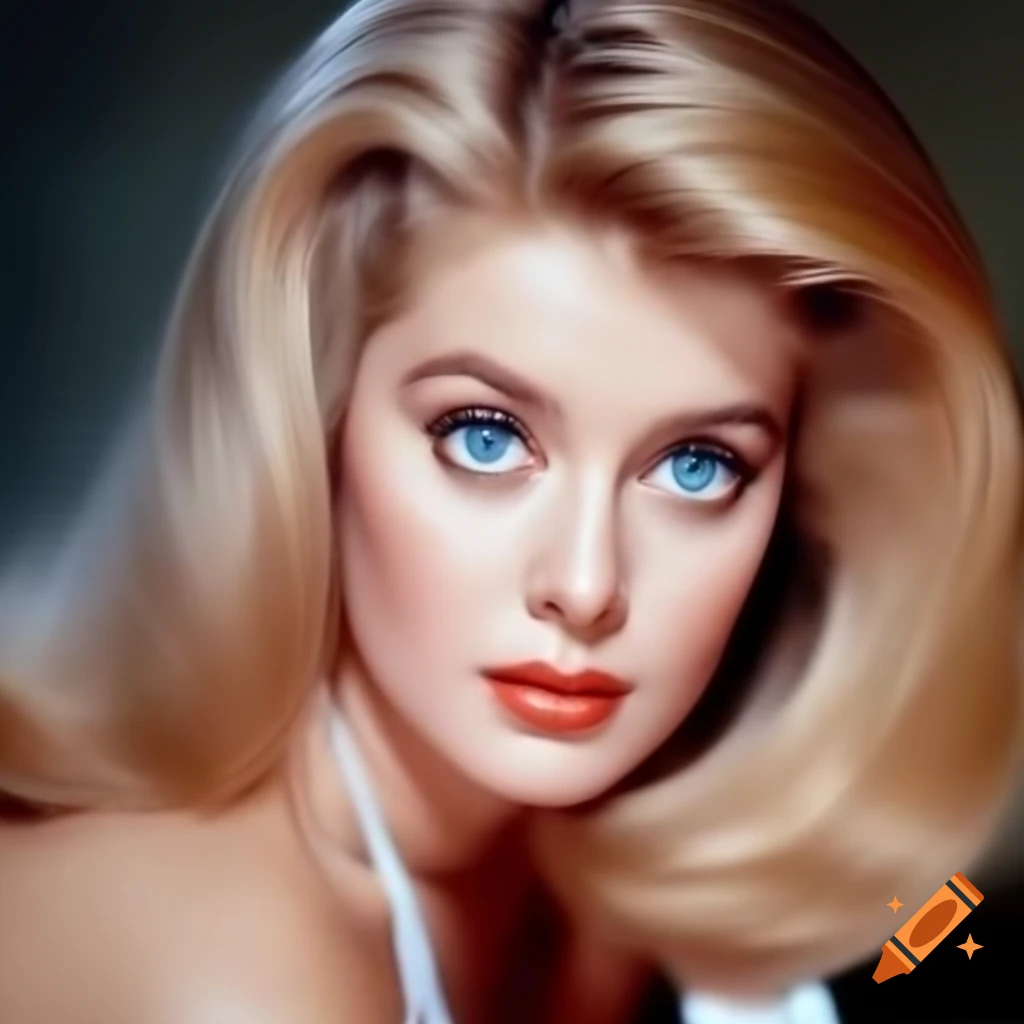 Hyper-realistic retro photo of a beautiful European Hollywood actress from 1963 with blue eyes and wavy blonde hair